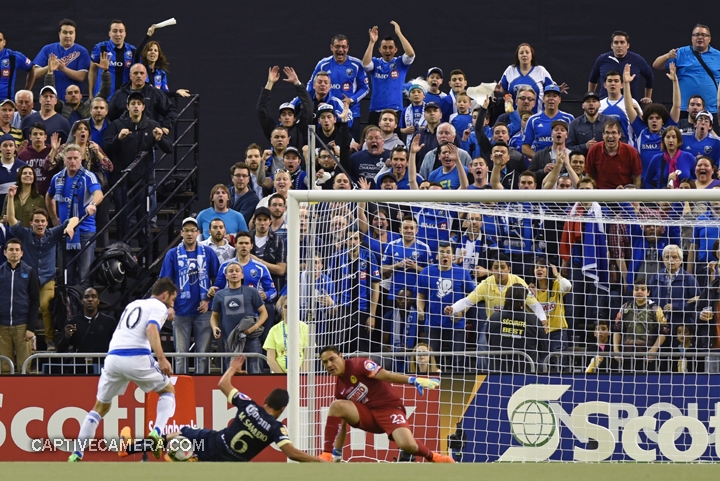   Montreal, Canada - April 29, 2015: Ignacio Piatti #10 of Montreal Impact nearly scores in the 24th minute only to be stopped by goalie Moises Munoz.  