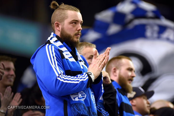   Montreal, Canada - April 29, 2015: Montreal Impact supporters remain hopeful with the goal advantage.  