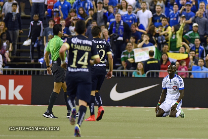  Montreal, Canada - April 29, 2015: Dominic Oduro appeals for a free kick after being fouled.  