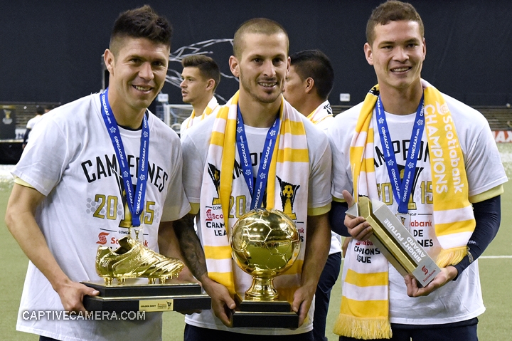 Montreal, Canada - April 29, 2015: Oribe Peralta , Dario Benedetto and Martin Zuniga of Club America display the Golden Boot, Golden Ball and Bright Future awards, respectively.