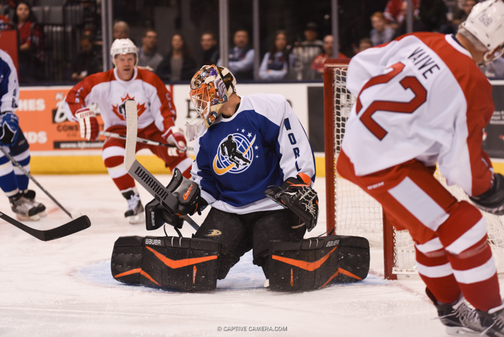  Nov. 8, 2015 (Toronto, ON) - Rick Vaive of Team Gilmour shoots on Ilya Bryzgalov during the Haggar Hockey Hall of Fame Legends Classic at Air Canada Centre. 