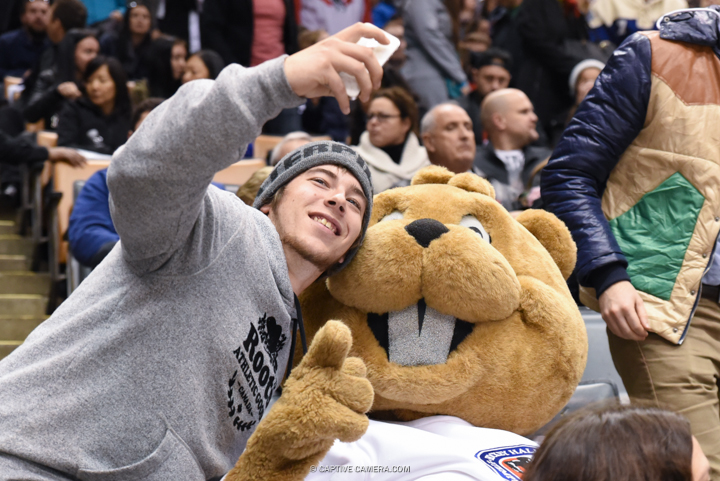  Nov. 8, 2015 (Toronto, ON) - Fans with Hockey Hall of Fame mascot Slapshot during the Haggar Hockey Hall of Fame Legends Classic at Air Canada Centre. 