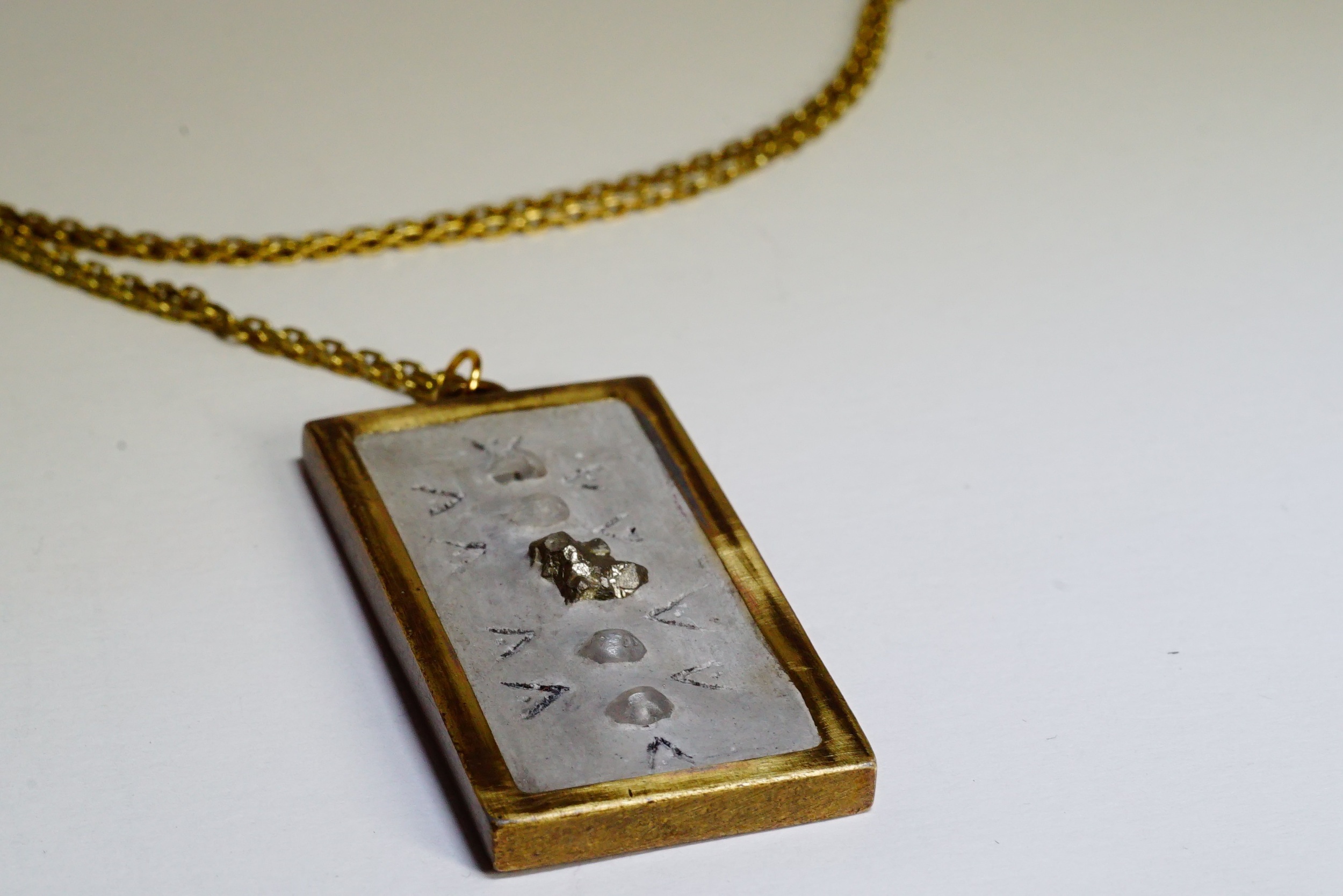 Cement Long Pendant With Pyrite and Moonstone