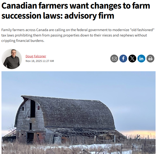 Canadian farmers want changes to farm succession laws: advisory firm