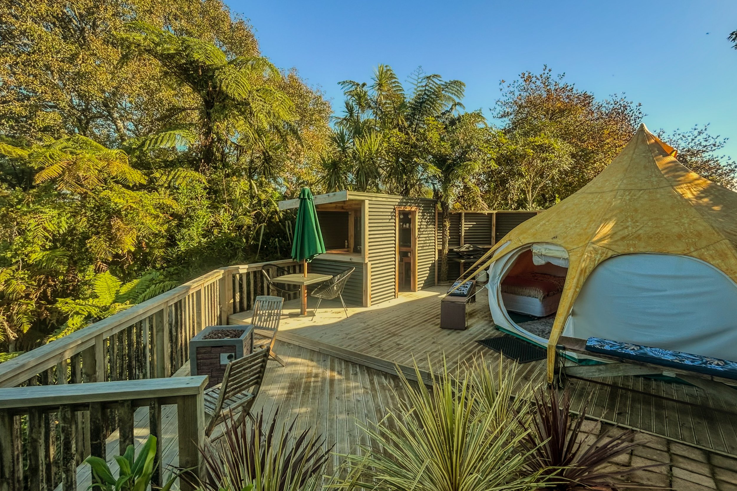 Glamping tent, kitchen and deck