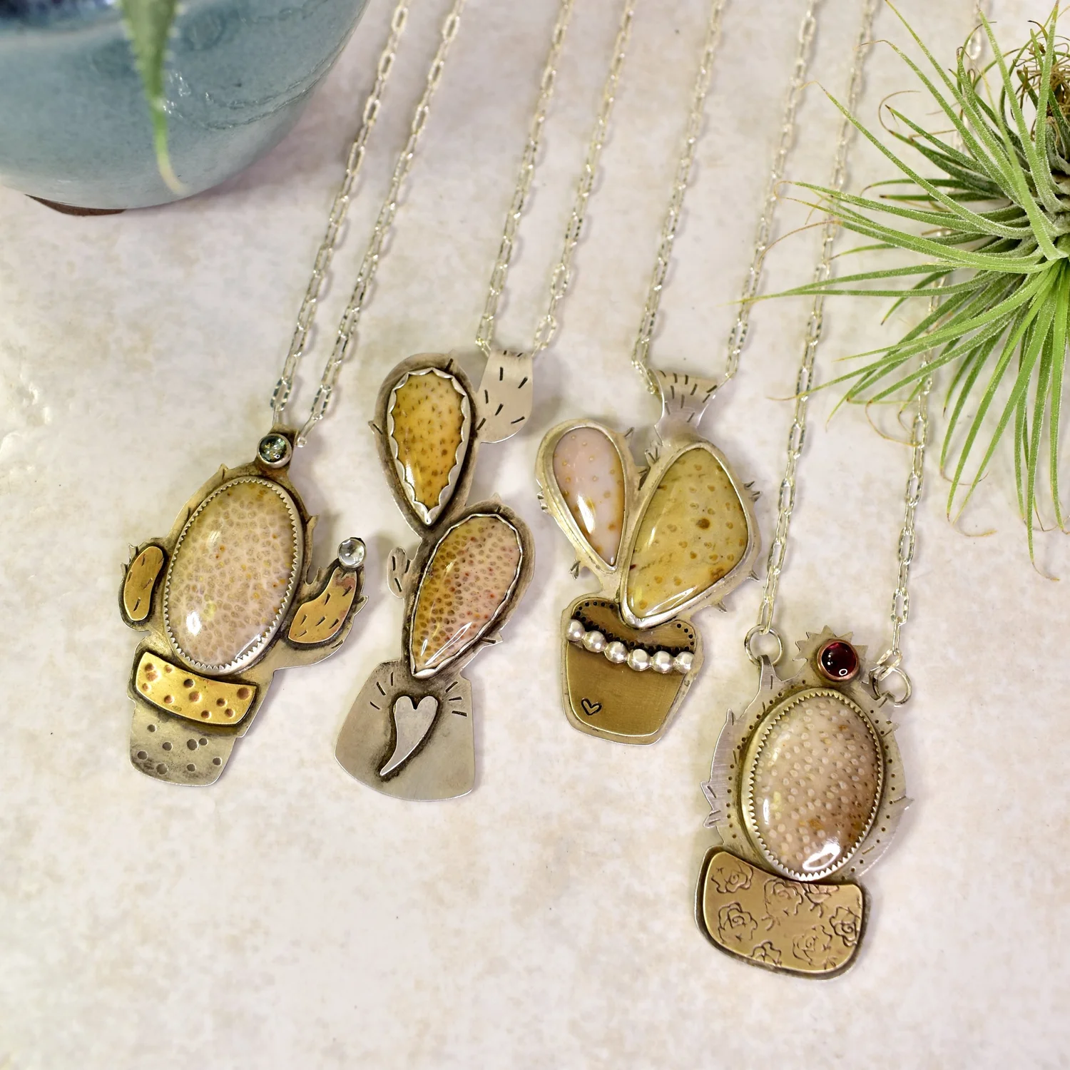 Cactus Necklace- Petrified Palm Tree- Happy Heart Pot — Chloeography