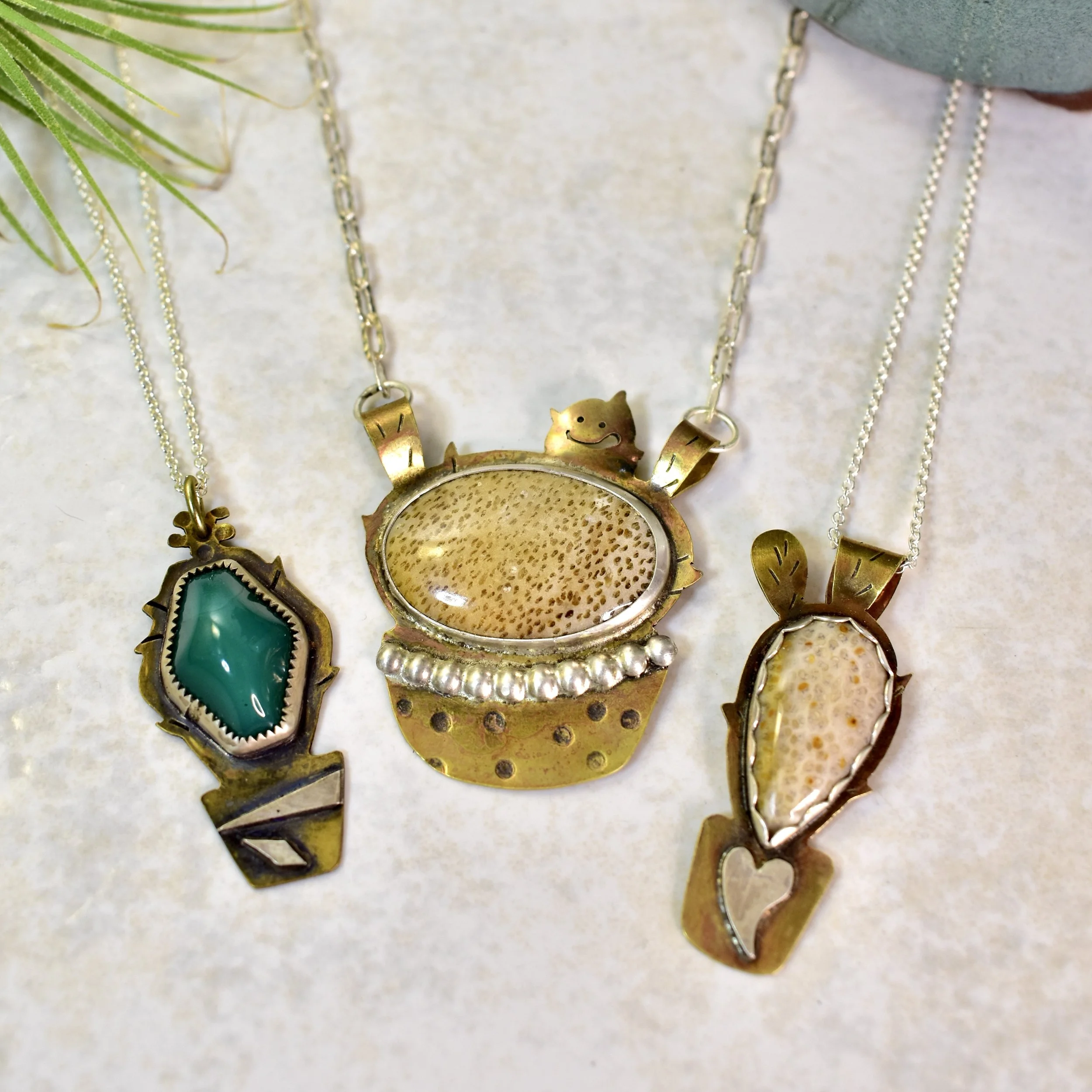 Cactus Necklace- Petrified Palm Tree- Cactus Spirit- Beaded Polka Dots Pot