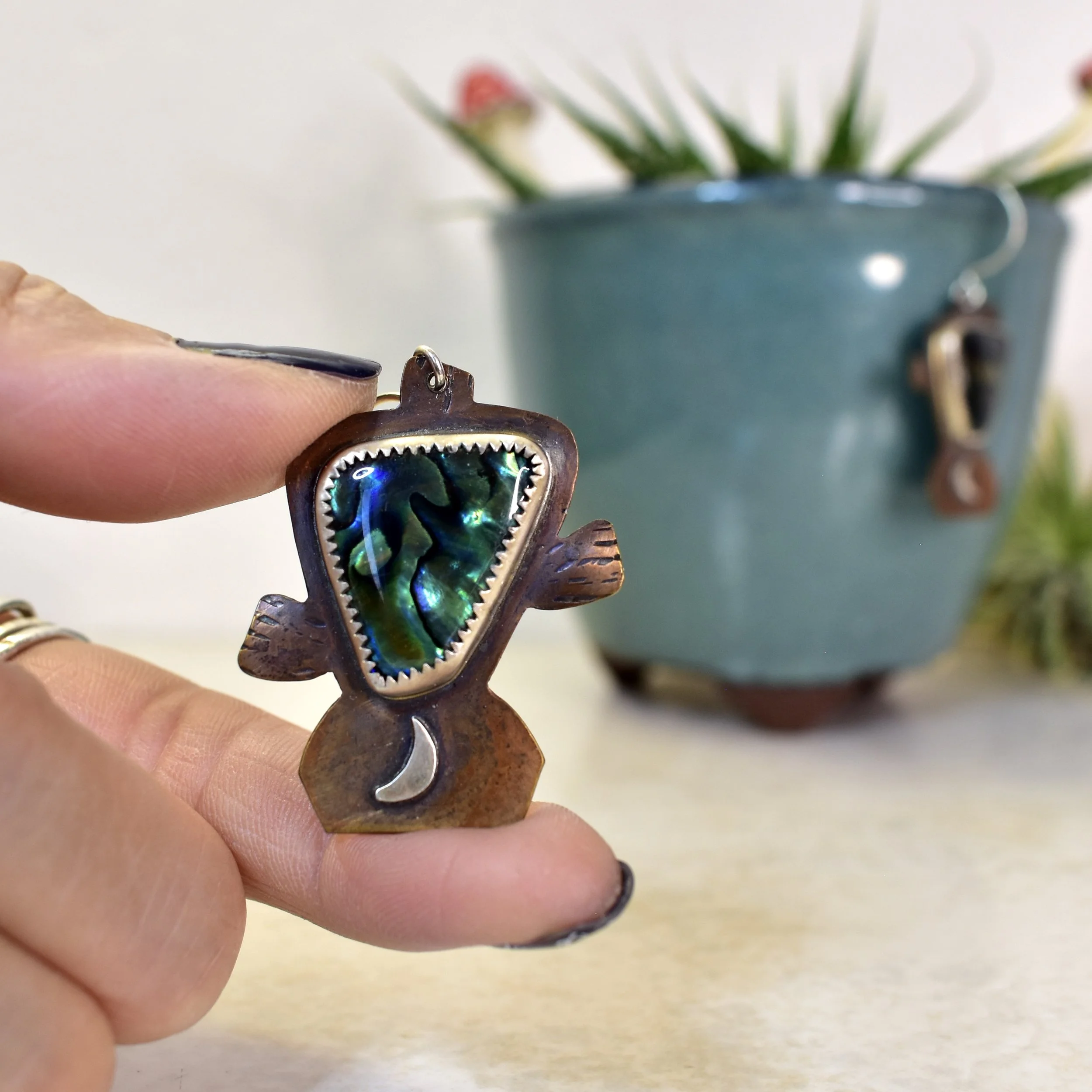 Cactus Earrings- Copper- Abalone Shell- Little Moon Pot