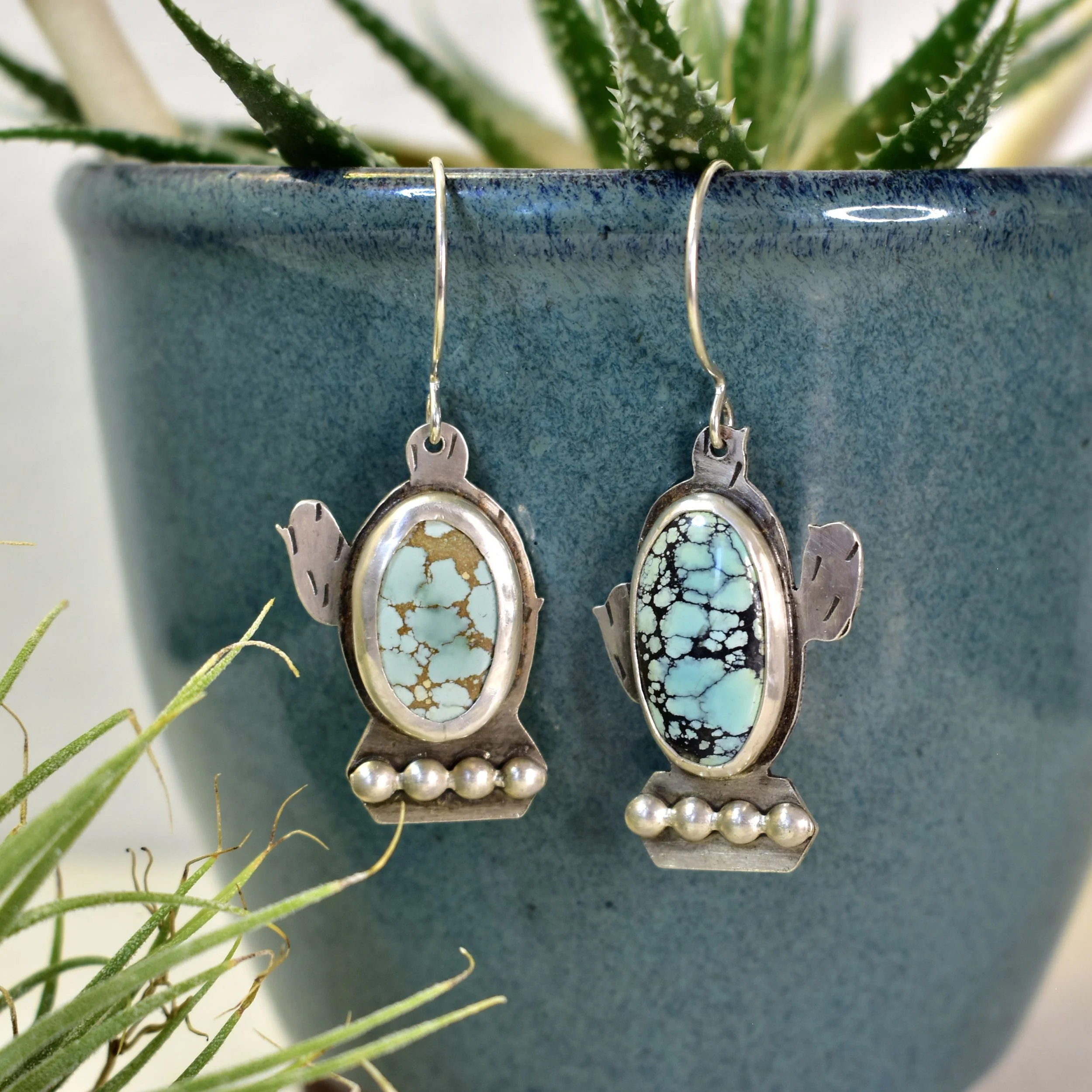 Cactus Earrings- Sterling Silver- Turquoise- Beaded Ornate Pot