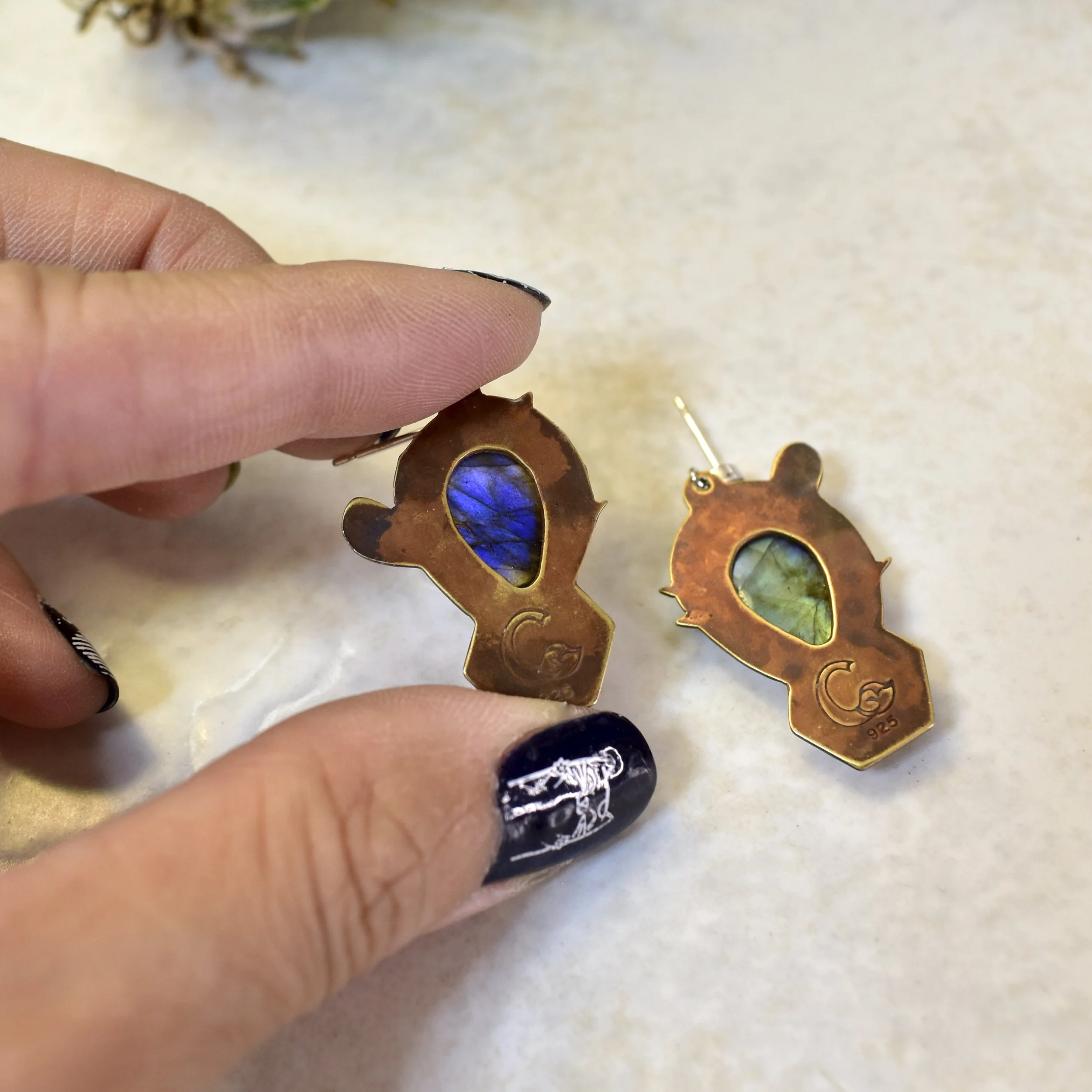 Cactus Earrings- Brass- Labradorite- Charlie Brown Sweater Style Zigzag Pattern