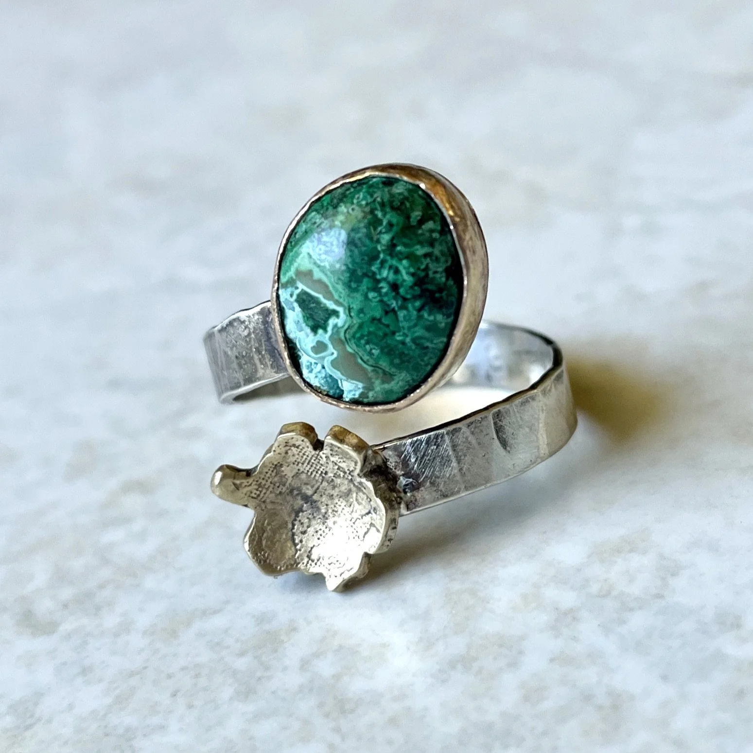 Little Popcorn Open Ring- Mixed Metal & Oval Malachite