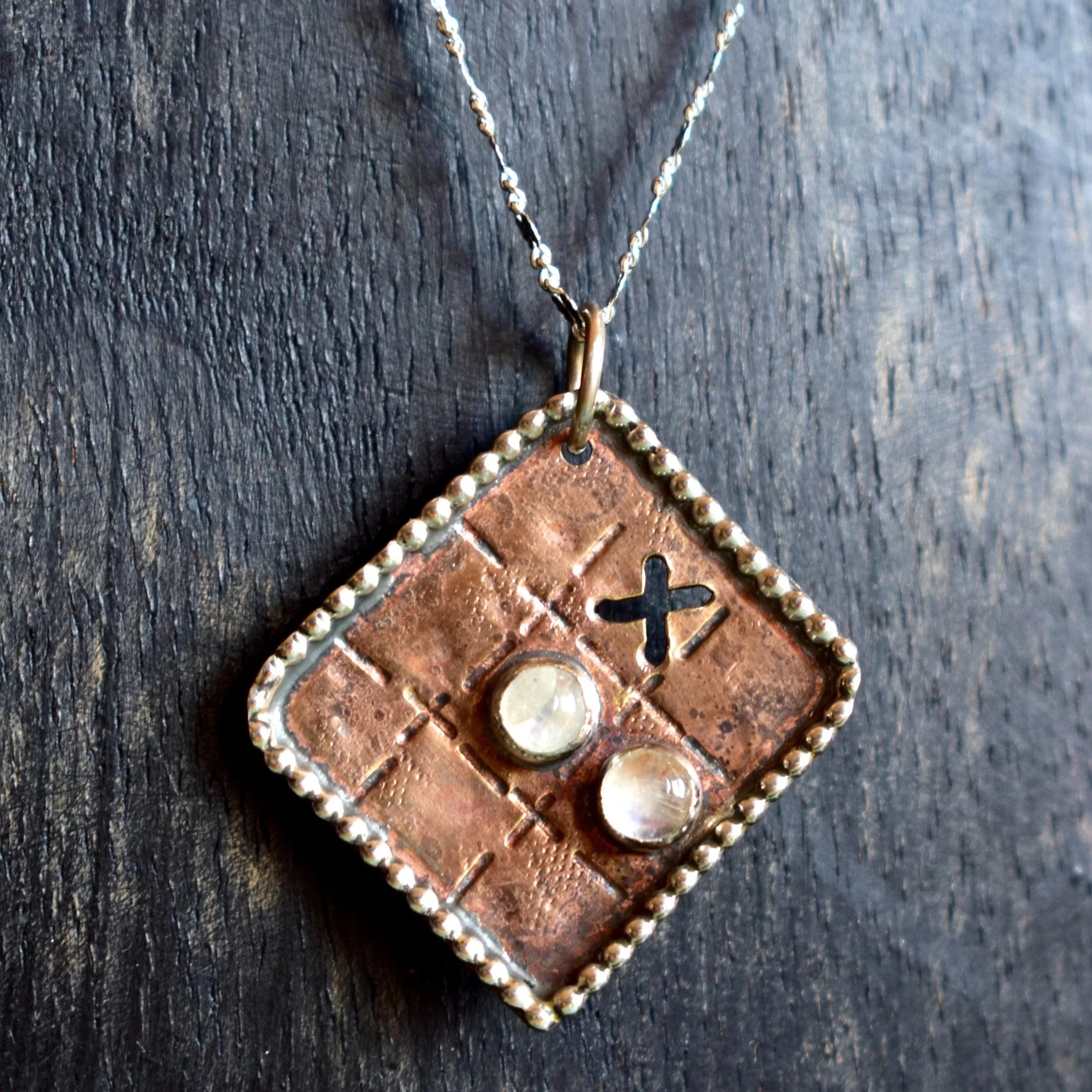 Mixed Metal Tic-Tac-Toe Necklace with Rainbow Moonstone