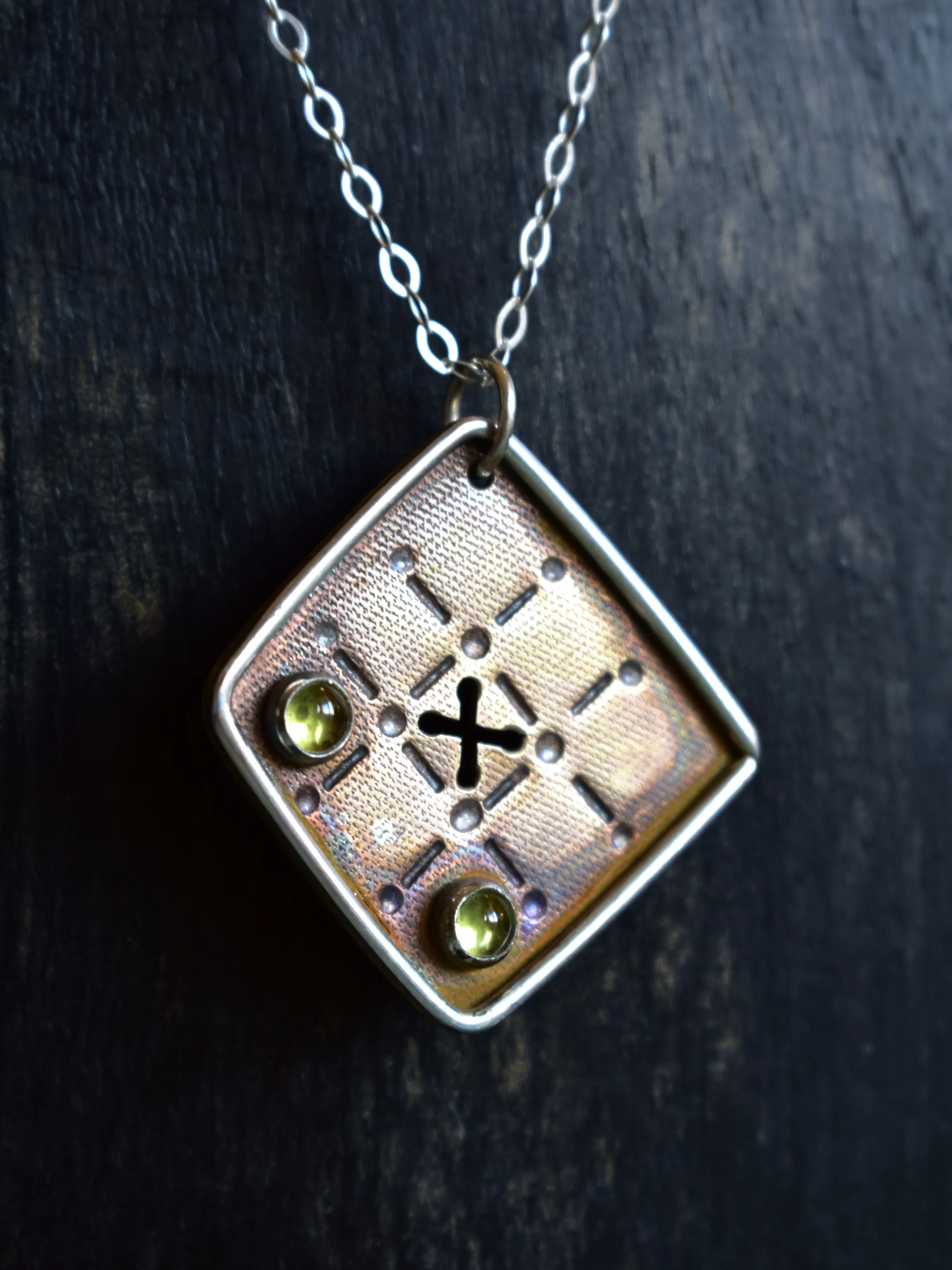 Mixed Metal Tic-Tac-Toe Necklace with Peridot ⭕️❌⭕️