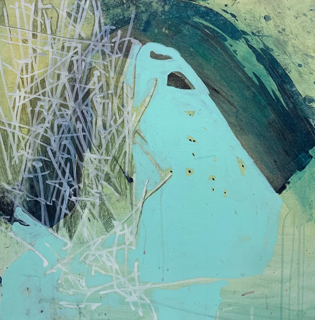 Sticks and Stones SOLD 24x24” Acrylic and graphite on canvas