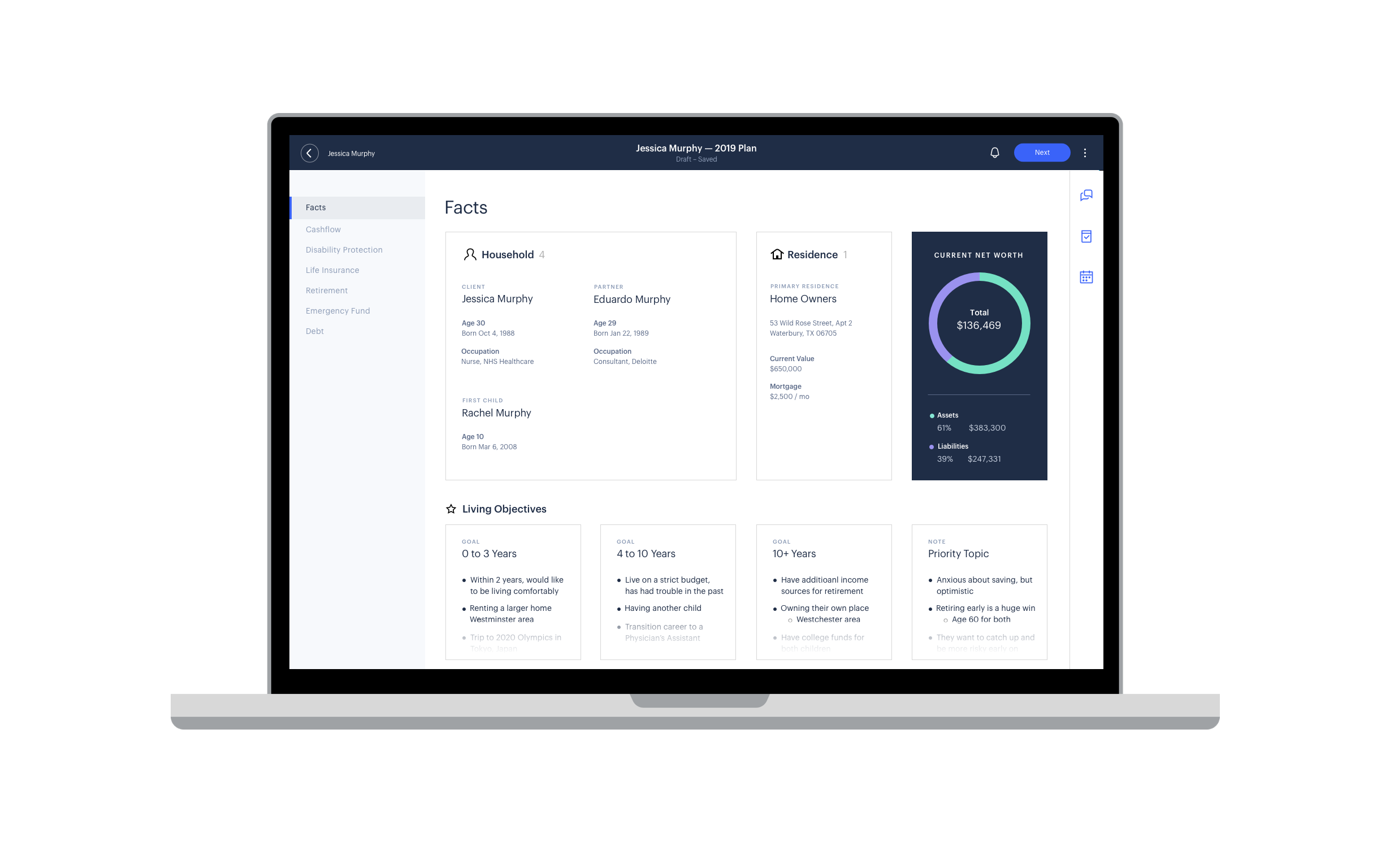 NM Planning Experience dashboard for client financial planning.