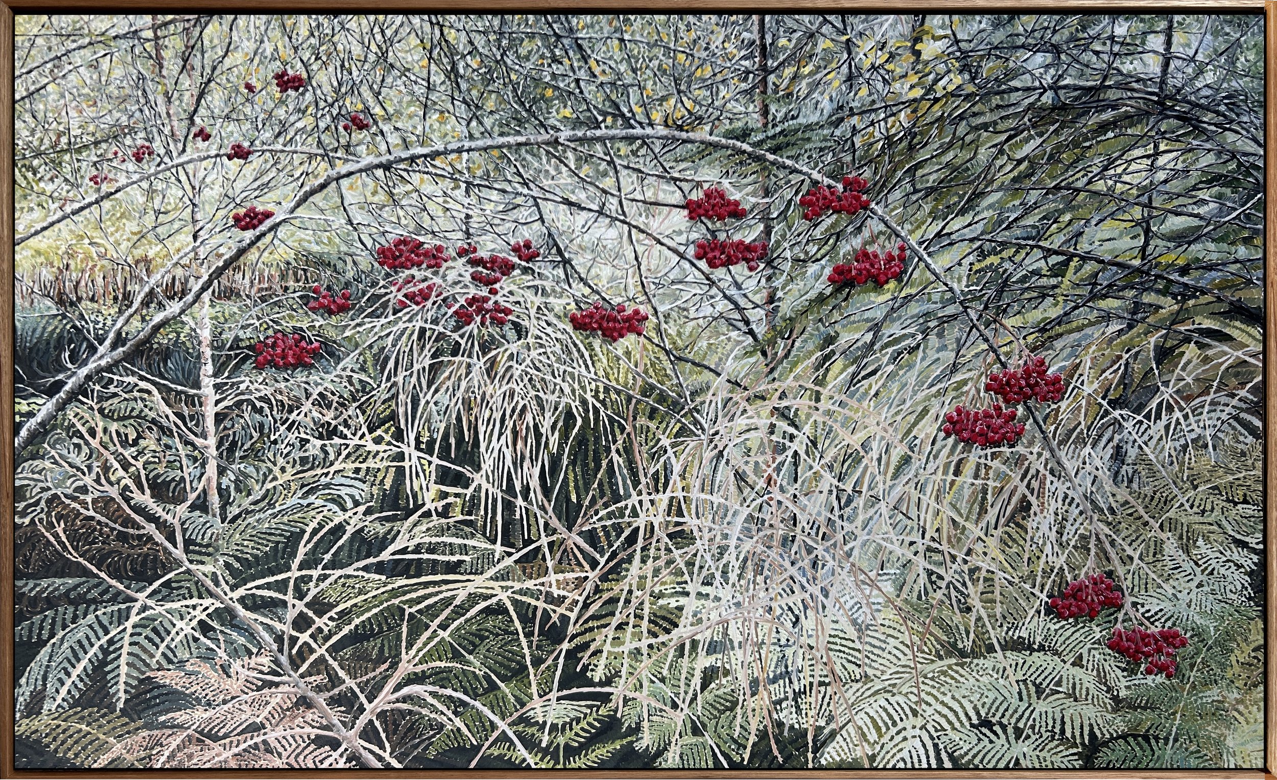   Scrabling For View 2025  105×170cm Oil on Board $8,400 Framed  View at Bett Gallery, Hobart 