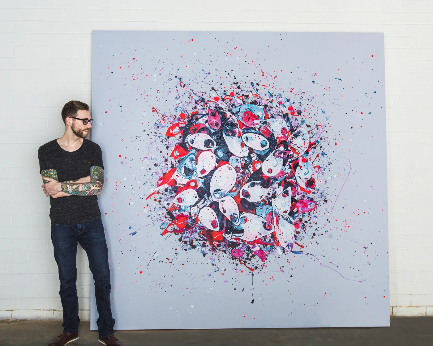 THE ARTIST AND THE GLUE THAT HOLDS US TOGETHER ACRYLIC & RESIN ON WOOD 96X96X3.5″; PHOTO BY KATHERINE KIRCHNER
