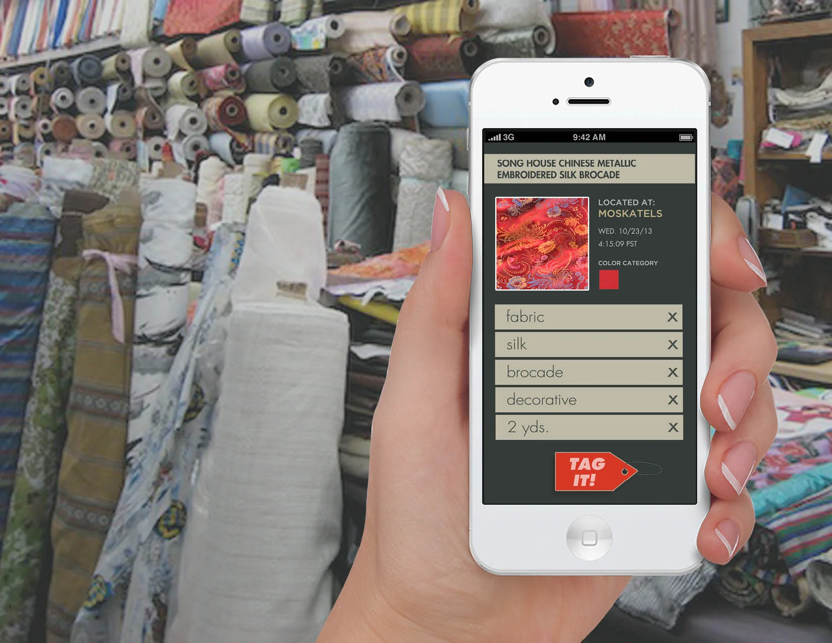 She quickly selects from dropdown menus to describe the material and enters it into the app.