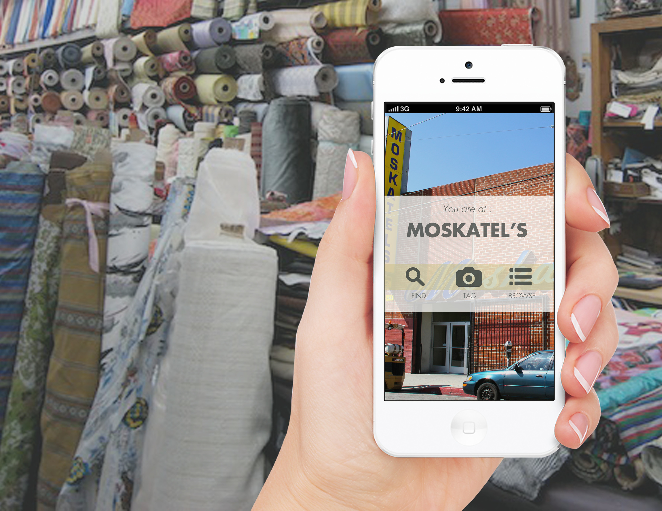 When Justine enters a store, she is automatically presented with the options “FIND” to locate a specific material on her list, “TAG” to add new material photos and information to the database, and “BROWSE” to explore what other users have alre