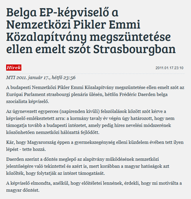 Belga EP-képviselő a Nemzetközi Pikler Emmi Közalapítvány megszüntetése ellen emelt szót Strasbourgban