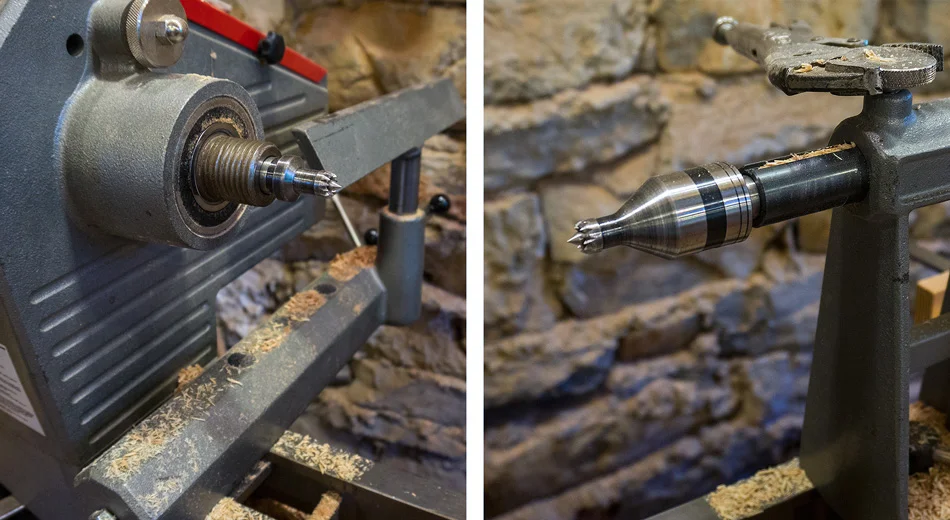 I use a 1/2″ drive stebcentre in the head stock (left) and a 1/2″ revolving stebcentre in the tail stock (right)