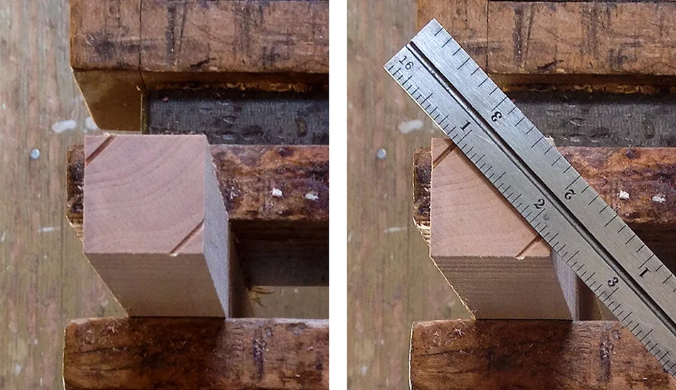 Turning Part 2: Test the v-block set-up by making two kerf cuts and measuring between them