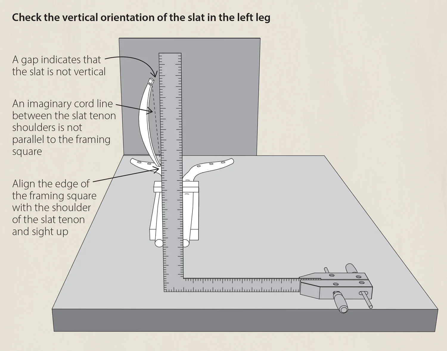 Check the vertical orientation of the slat in the left leg