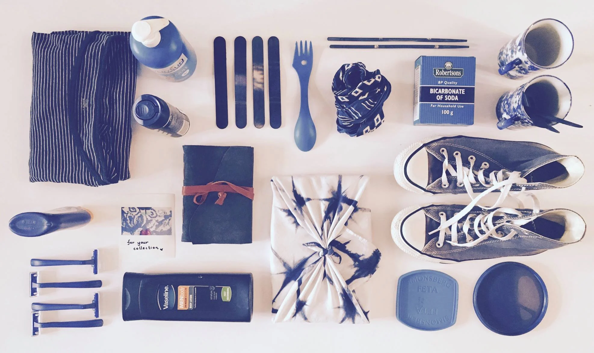 My collection of blue household things. Spot the baking powder!