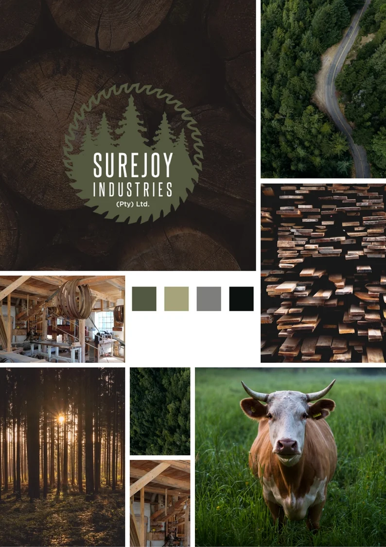 Surejoy Industries moodboard - earthy tones, farm land, and loads of wood.