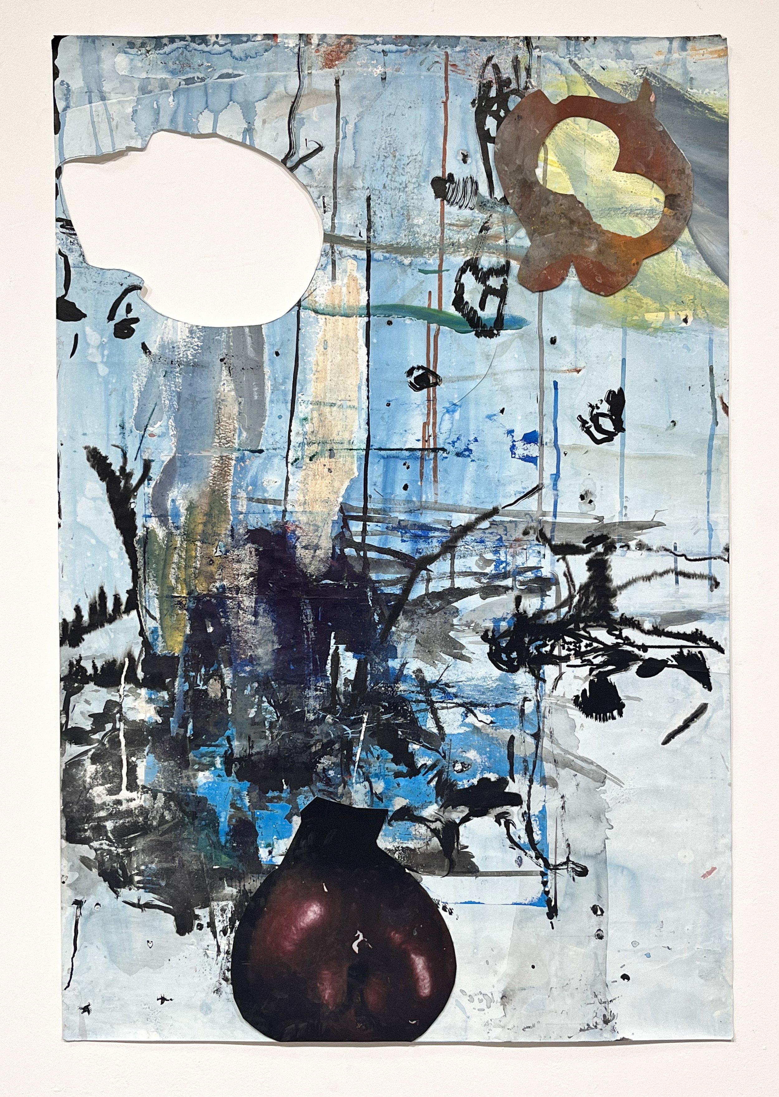 Where water pools under cast shadows I, 2023, mixed media on paper, 40 x 26 ½ inches