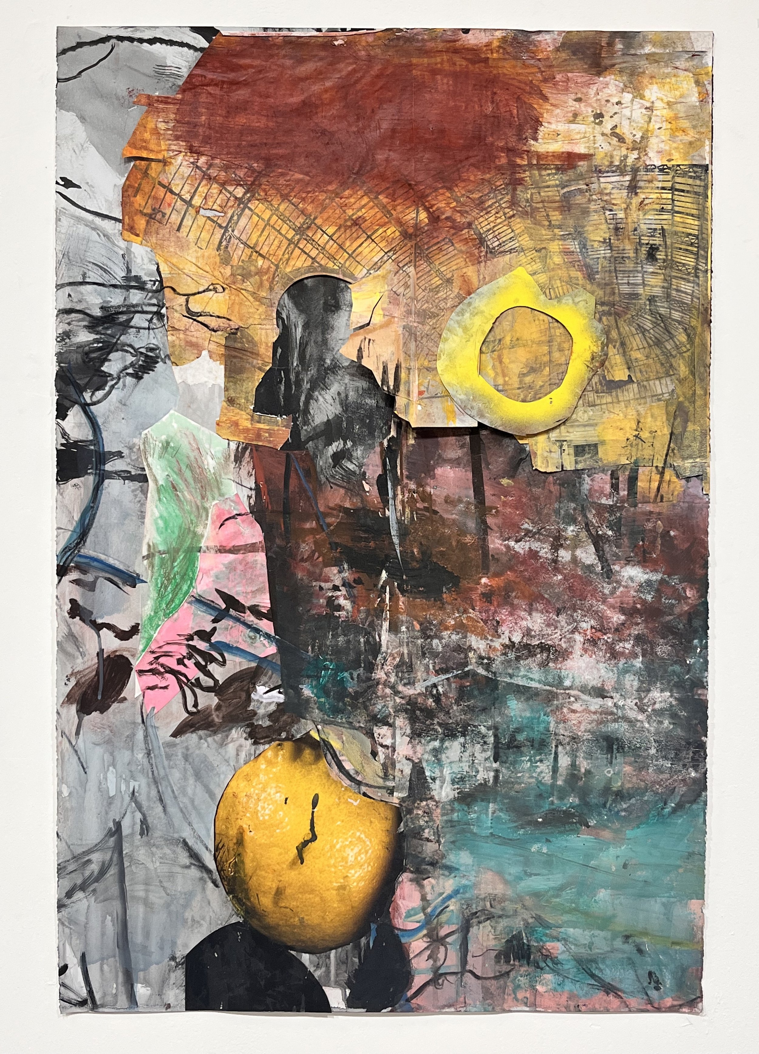 Where water pools under cast shadows II, 2023, mixed media on paper, 40 x 26 ½ inches