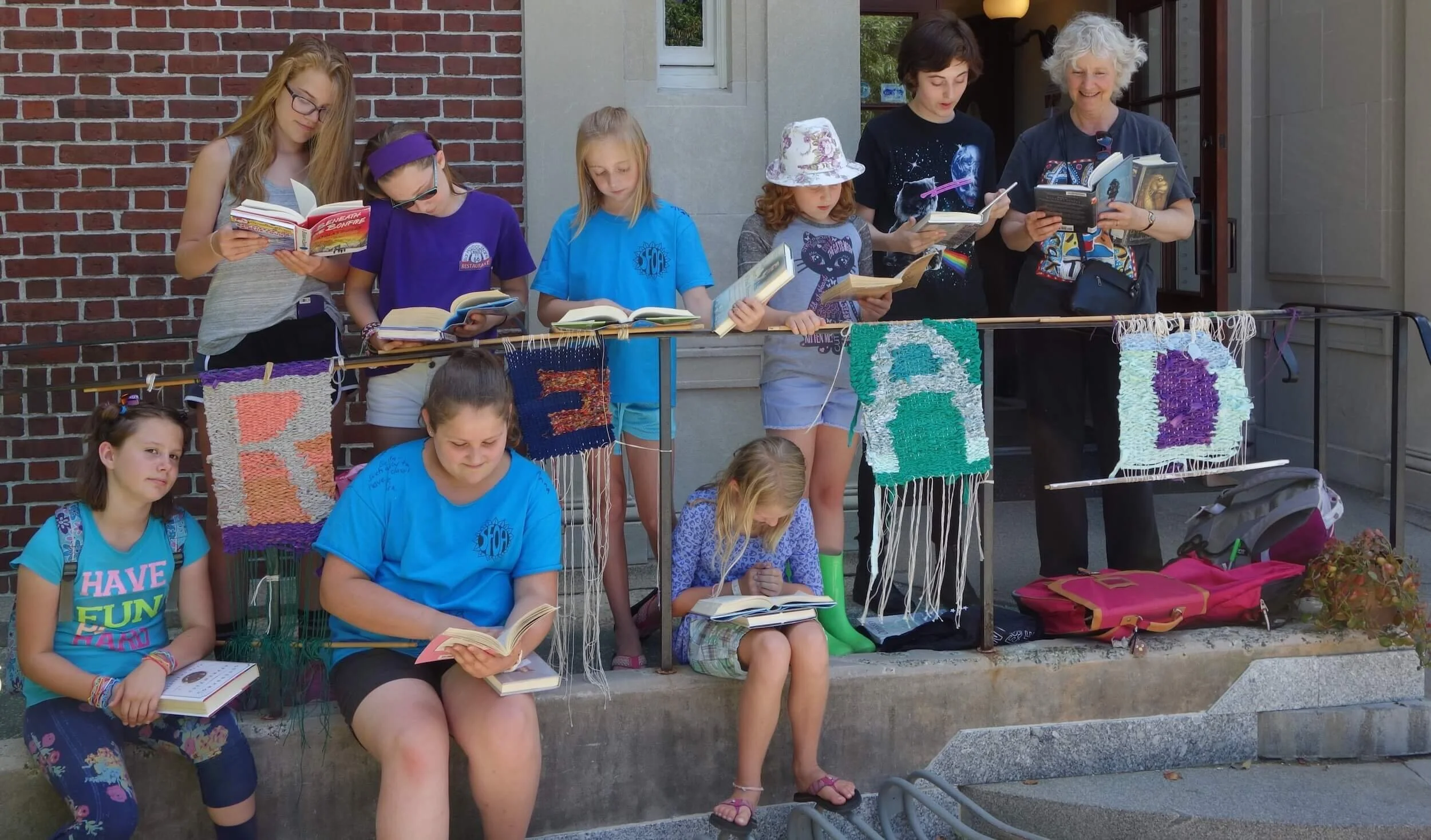 Summer Festival of the Arts weaving class installation at public library  Bar Harbor, ME