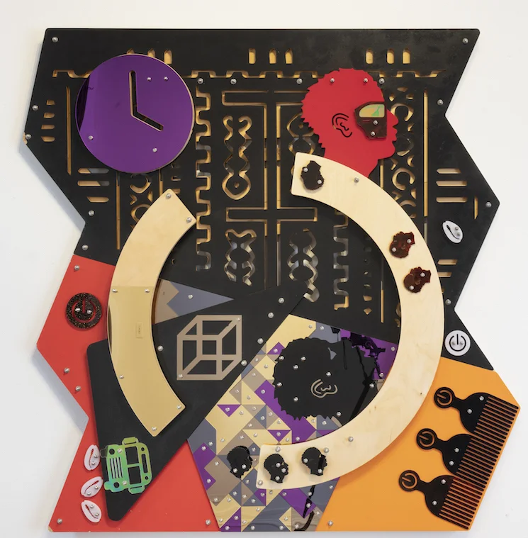 DAMIEN DAVIS, Far Beyond the Stars, (Blackamoors Collage #155), 2018, cnc routed mdf and baltic birch, plexiglass, mirror and stainless steel hardware, 60 x 60 inches (152.4 x 152.4 cm)