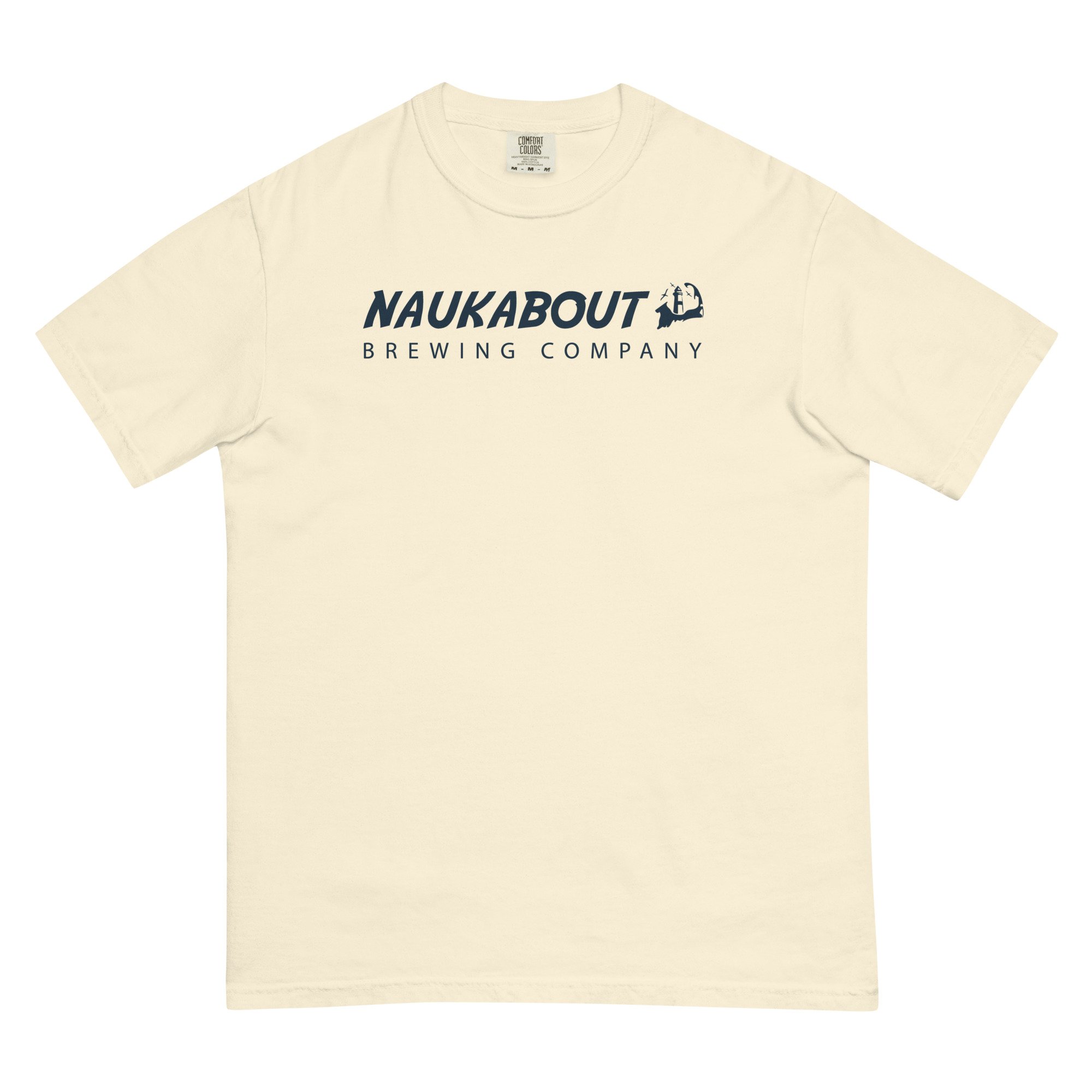 Naukabout Original Wordmark Tee in Ivory with navy original wordmark, front view