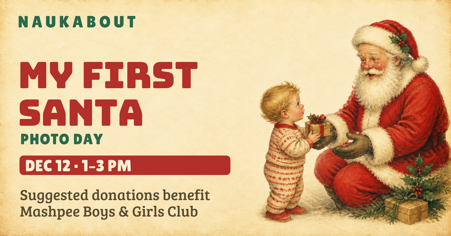 My First Santa Photo Day at Naukabout, December 12, 1–3PM, benefiting Mashpee Boys & Girls Club