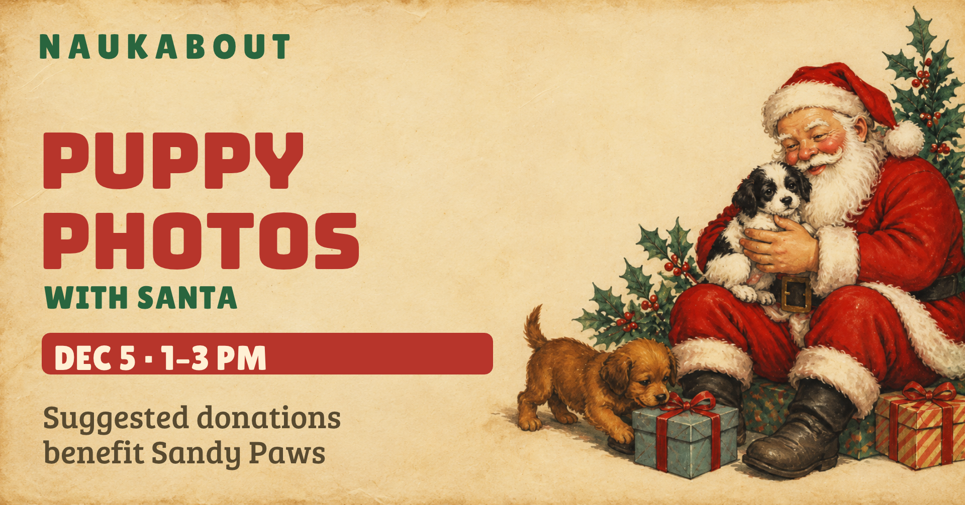 Puppy Photos with Santa at Naukabout, December 5, 1–3PM, benefiting Sandy Paws