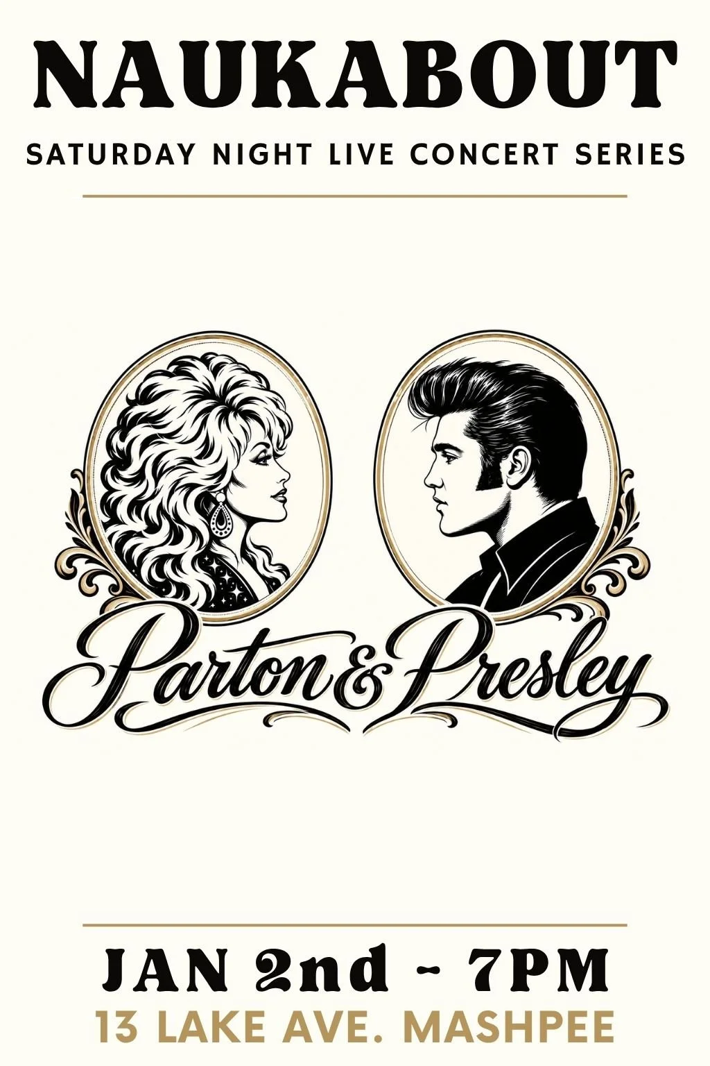 Parton and Presley tribute concert poster for Nathaniel Hintz and Friends at Naukabout Brewery on January 2, 2027