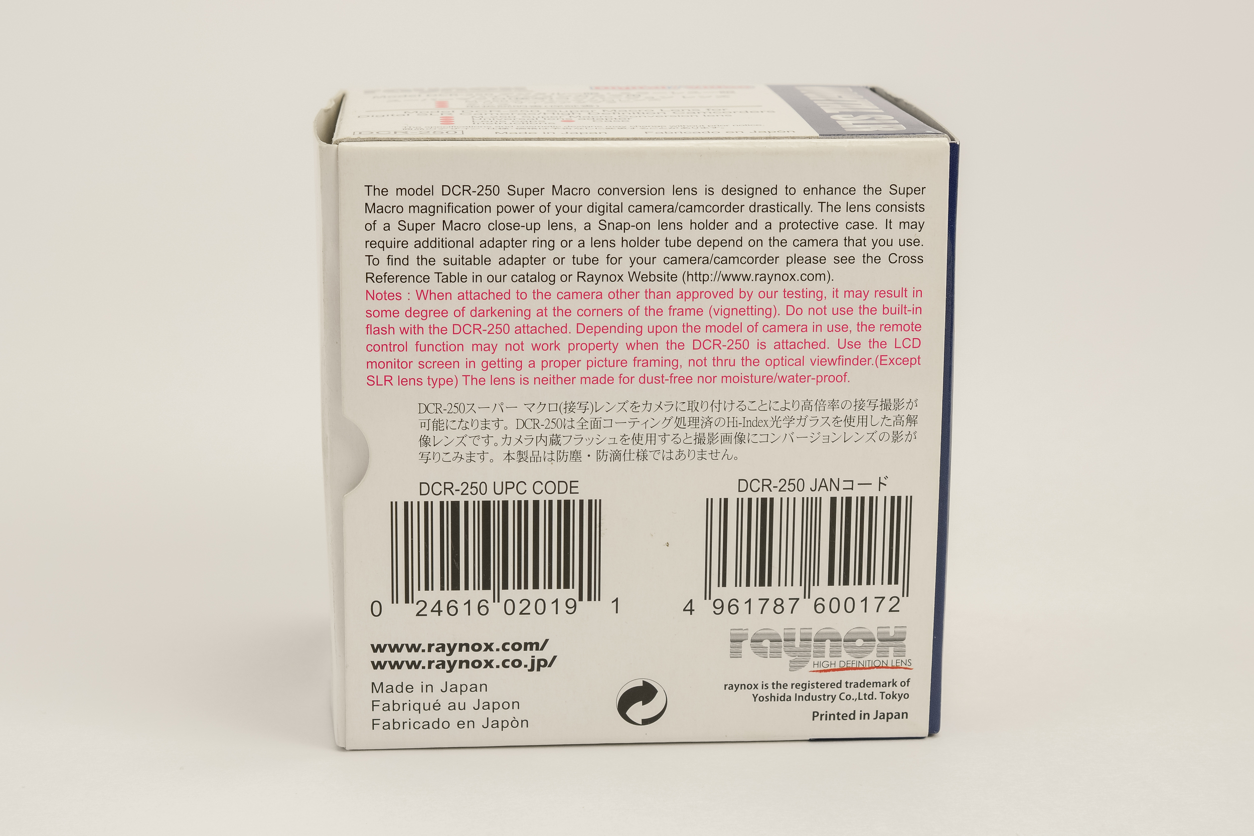 Raynox DCR-250 packaging rear