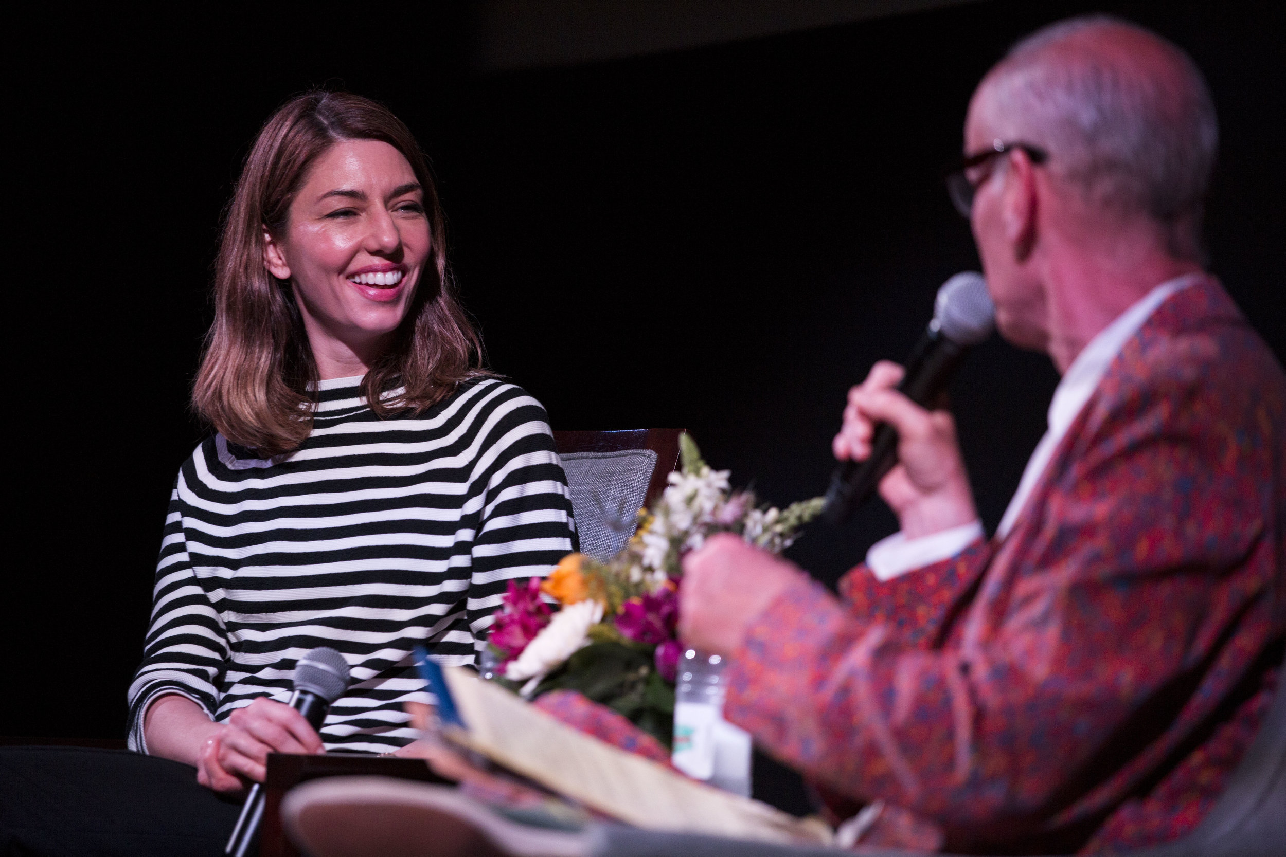  John Waters talks to Sophia Coppola about her films during the Provincetown Film Festival on June 17, 2017. Coppola was awarded Filmmaker on the Edge at this year's festival.&nbsp; 