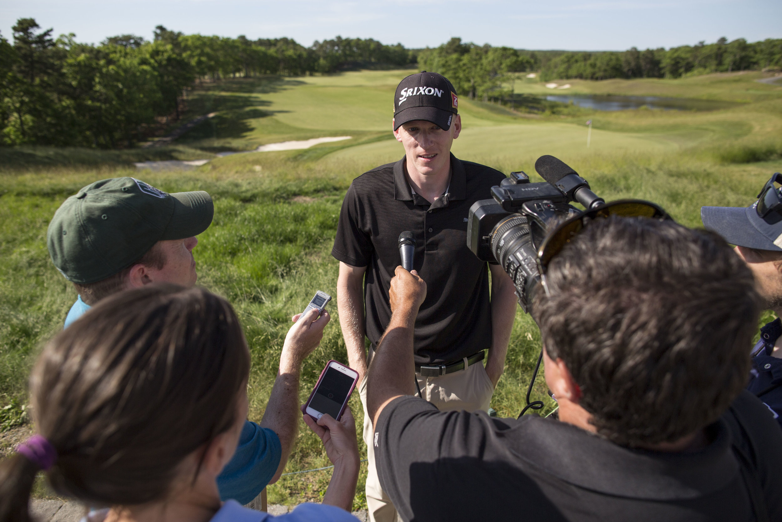  Jason Thresher talks to media after completing the course at TGC-Sacconnesset on June 14, 2017. Thresher won the Massachusetts Open for the second year in a row. 