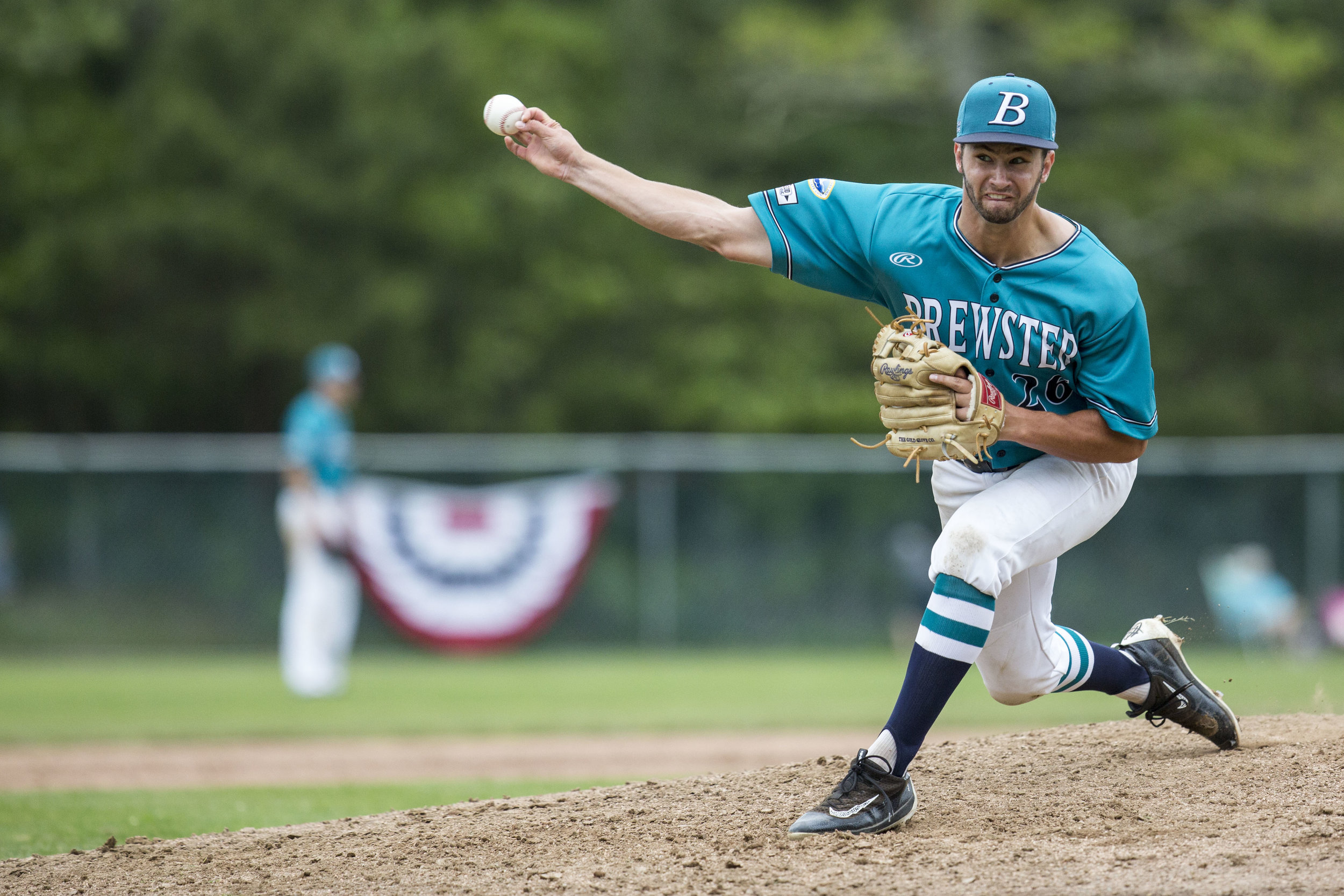  Brewster Taylor Williams pitches during the Cotuit vs Brewster doubleheader on June 18, 2017. Cotuit won the first game 4-3. 