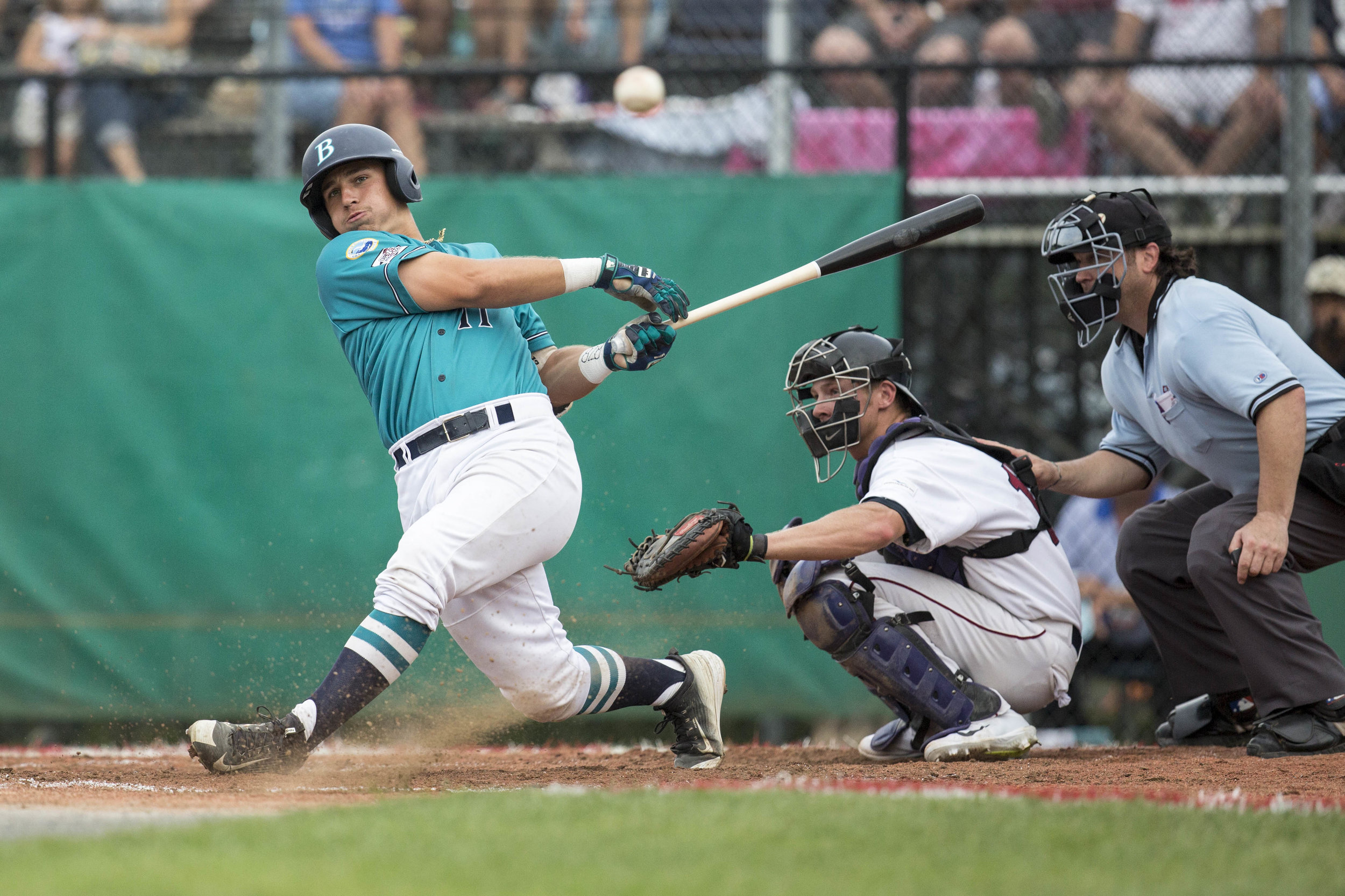  Michael Curry, playing for the East All Stars, hits a foul ball during the Cape League All Star Game on July 22, 2017. 