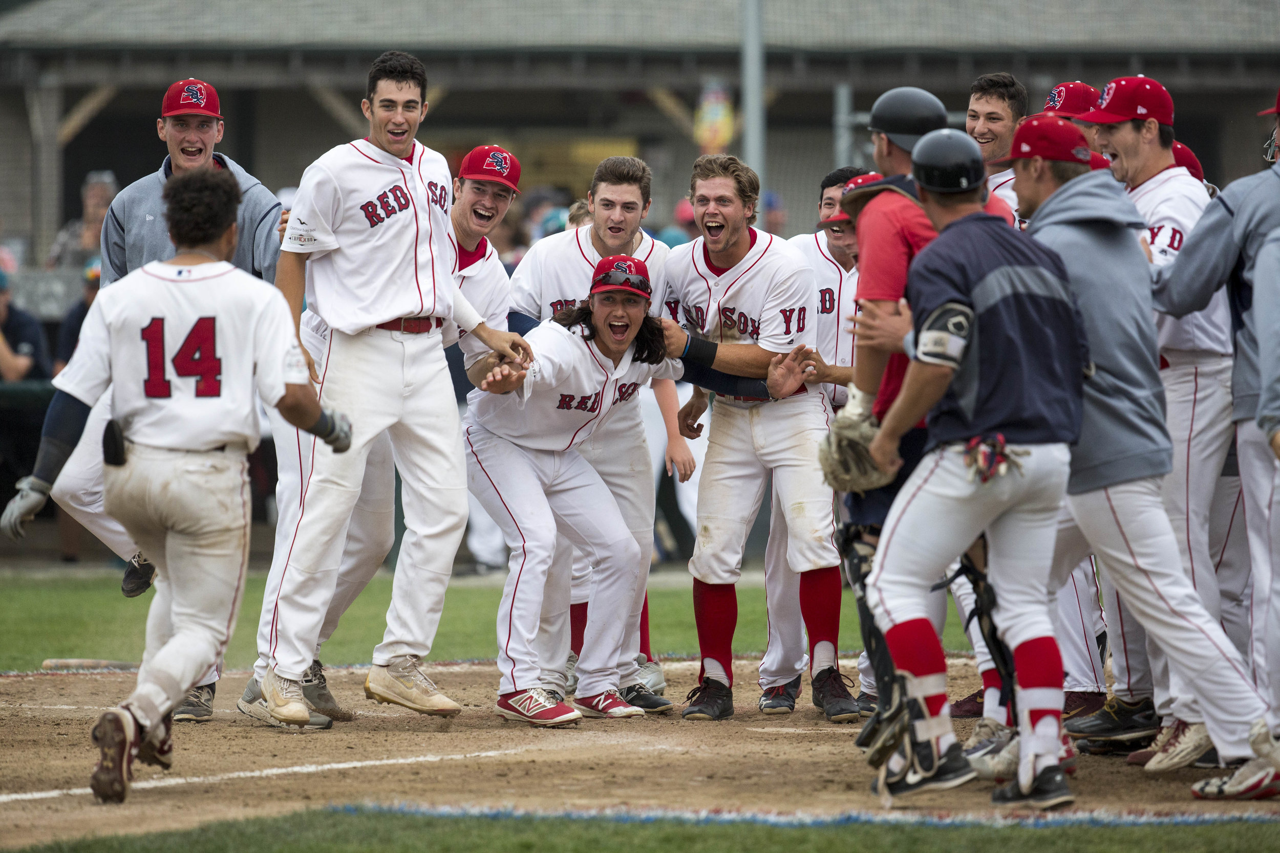  The YD Red Sox cheer as Carlos Cortes runs home after hitting a home run to win the game against the Brewster Whitecaps during the first round of the Cape League Playoffs on August 5, 2017. 