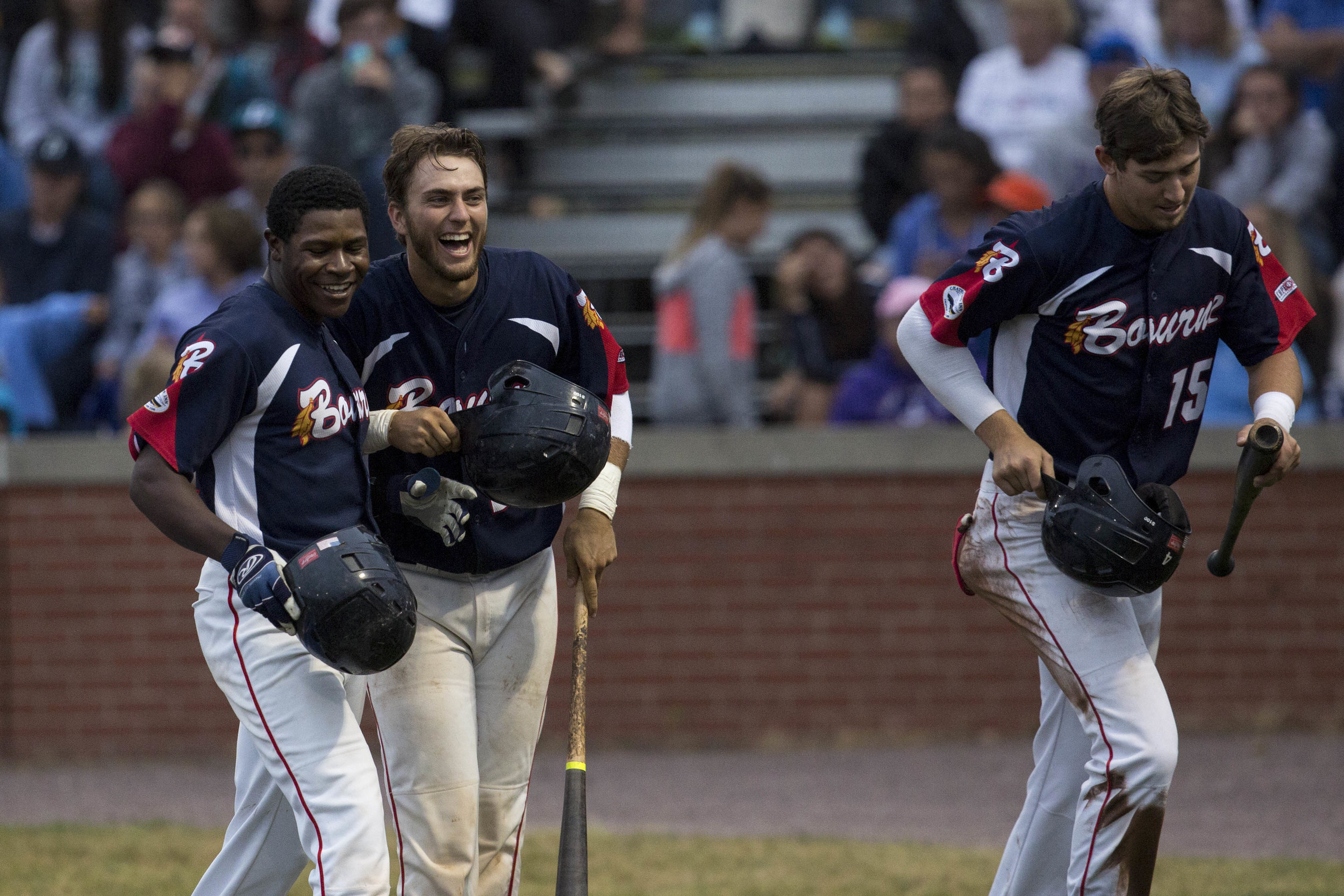  Bourne Braves Jameson Hannah celebrates hitting a home run with his teammates during game two of the Cape League Championships against the Bourne Braves on August 12, 2017. 