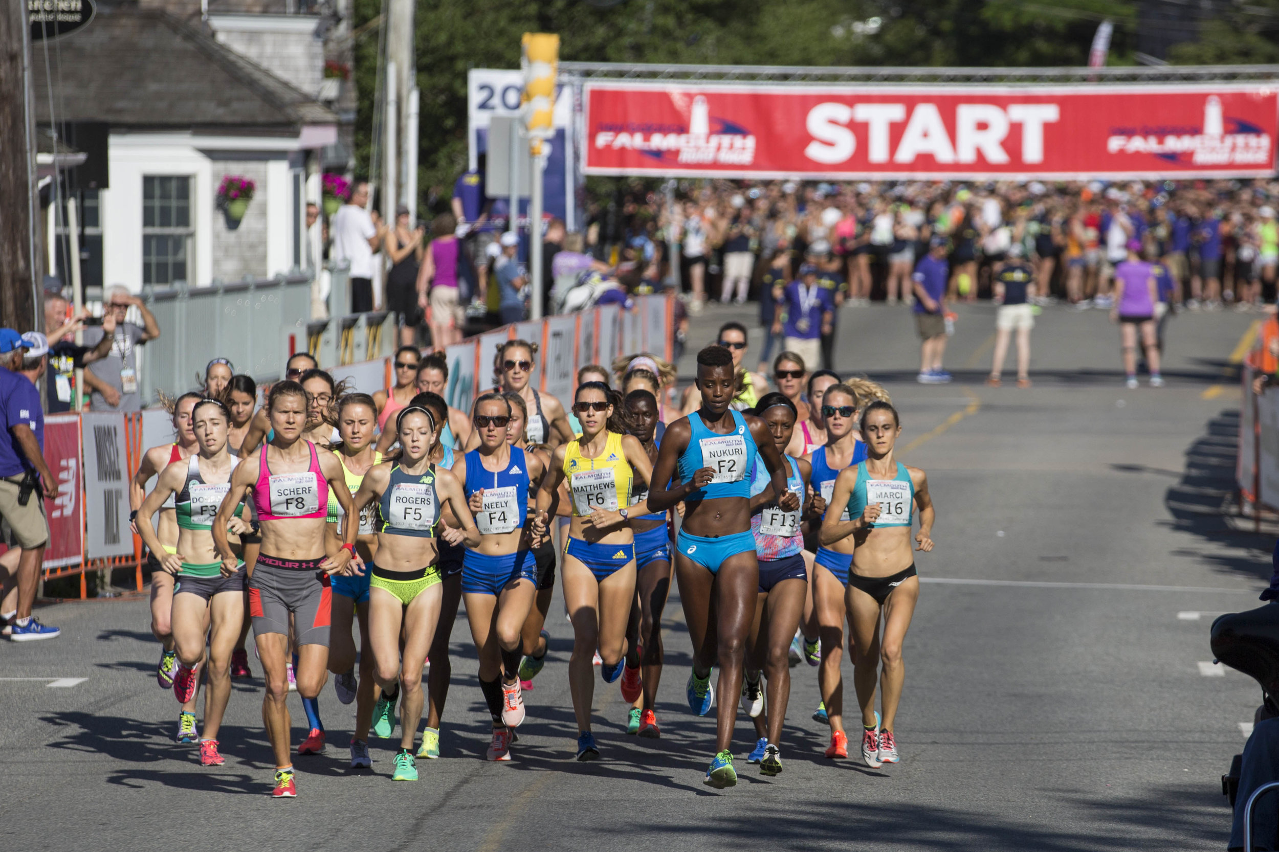  Runners start the Falmouth Road Race in Woods Hole on the morning of August 20, 2017. 