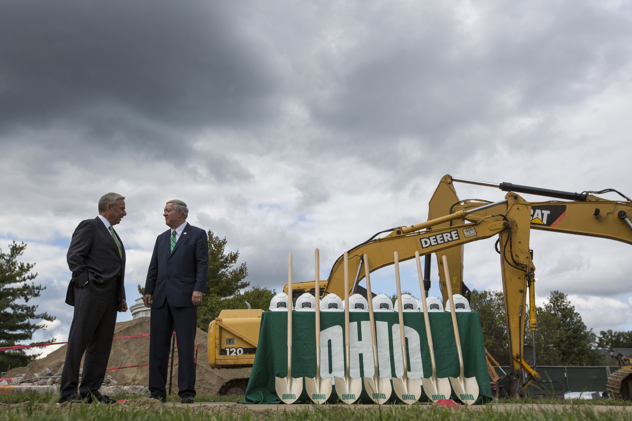  Perry Sook and Ohio University President Duane Nellis talk before the groundbreaking ceremony of the Perry and Sandy Sook Academic Center for student-athletes on September 15, 2017. 