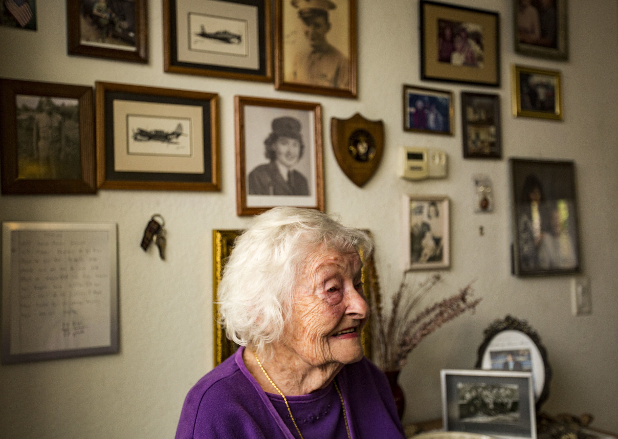  June Whitehurst, one of the first women to become a Marine, poses for a portrait in her home on March 22, 2018. Whitehurst celebrated her 95th birthday with her family on March 23, 2018. 