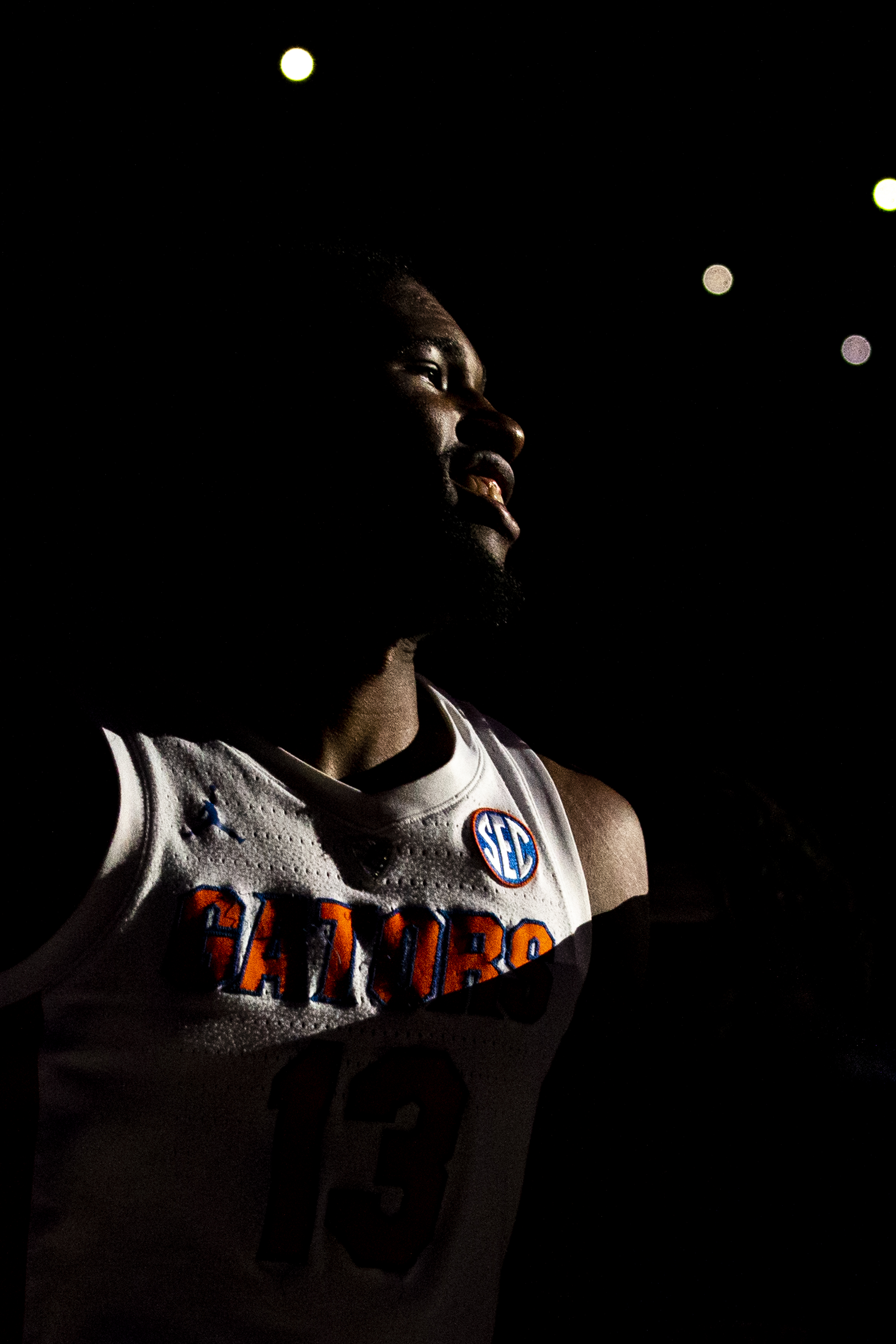  Florida Gators center Kevarrius Hayes (13) walks onto the court as the starting lineup is announced during the Florida Gators home game against the South Carolina Gamecocks on January 5, 2019. 