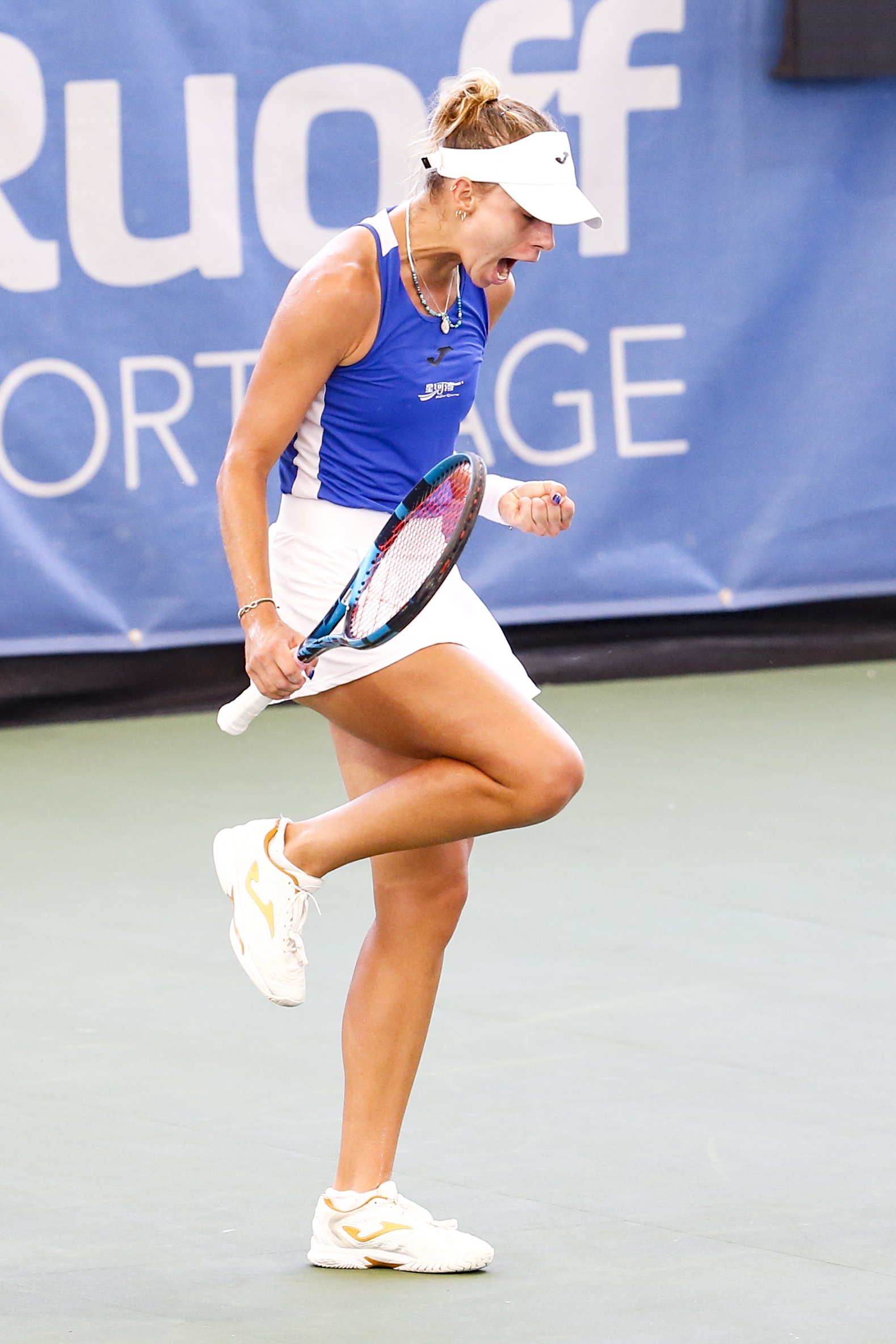  CLEVELAND, OH - AUGUST 26: Magda Linette of Poland celebrates during the second set of her quarterfinal match against Daria Kasatkina of Russia on day 5 of the Cleveland Championships at Jacobs Pavilion on August 26, 2021 in Cleveland, Ohio. (Photo 