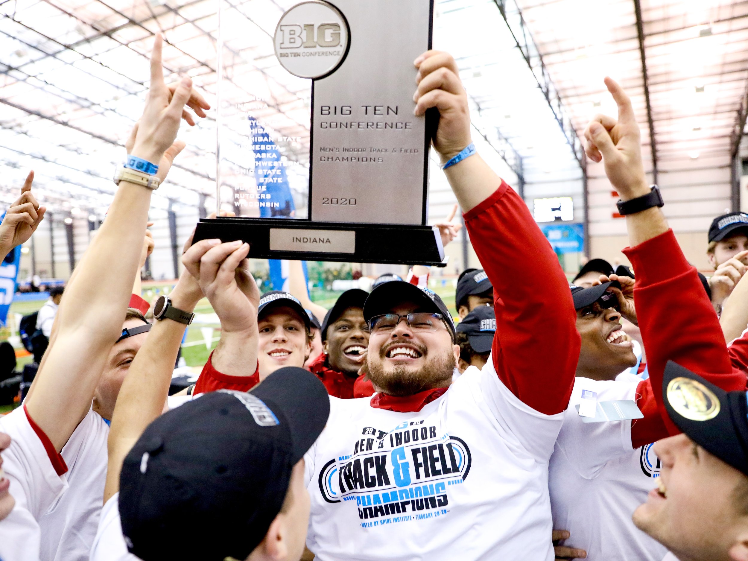  Indiana Hoosiers Track and Field Team celebrates after winning the BIG Ten Indoor Championships at the SPIRE Institute in Geneva, Ohio on February 29, 2020.  